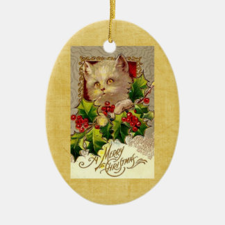 De Cerâmica Ornamento do Oval do azevinho do gatinho do natal