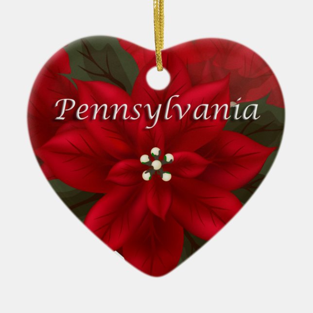 De Cerâmica Ornamento do Pennsylvania Poinsettia Heart Keepsao (Frente)
