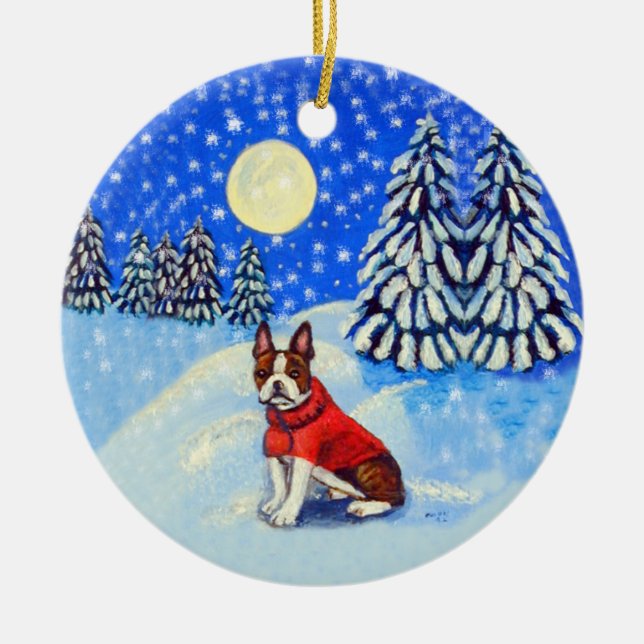 De Cerâmica Ornamento em Boston Terrier Round (Frente)