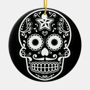 De Cerâmica Ornamento em estrela do crânio preto e branco