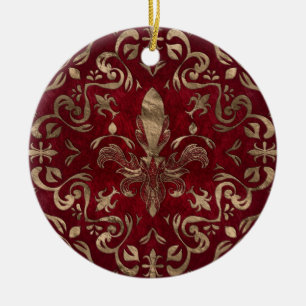 De Cerâmica Ornamento Fleur-de-lis Vermelho e Dourado