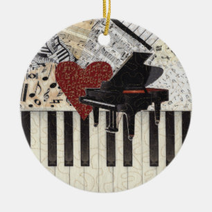 De Cerâmica Ornamento - Grande Piano com Coração, Música, M