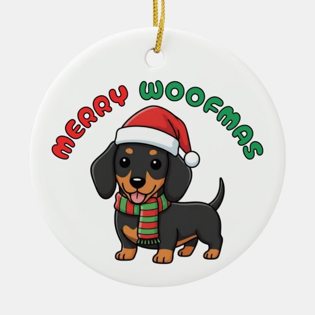 De Cerâmica Ornamento Natal Black Dachshund: Feliz Woofmas (Frente)