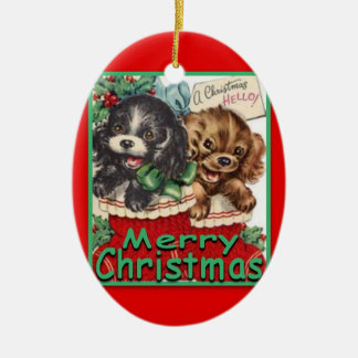 De Cerâmica Ornamento oval RetroChristmasPuppies-CERÂMICO