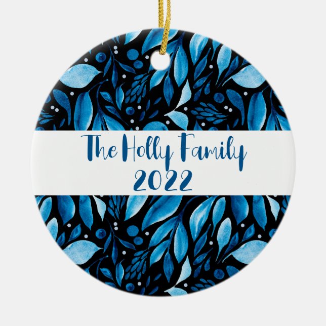 De Cerâmica Ornamento Personalizado Botânico Preto e Azul (Frente)