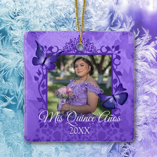 De Cerâmica Ornamento Personalizado Da Quinceanera Da Borbolet (purple quinceanera tree ornament christmas keepsake 15 15th fifteenth photo fancy purple frame)