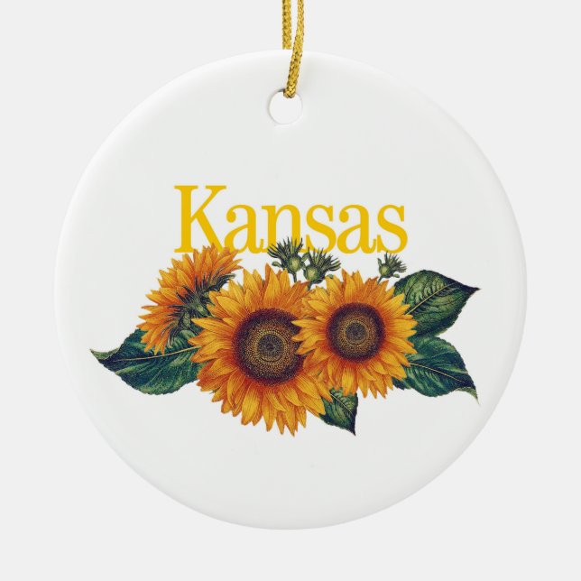 De Cerâmica Ornamento Personalizável do Kansas com Sunflower (Frente)