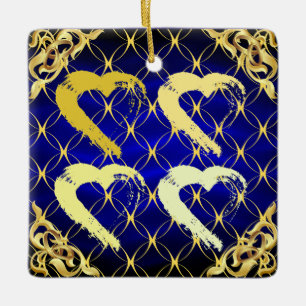 De Cerâmica Ornamento Real Azul e Corações Dourados do Luxo