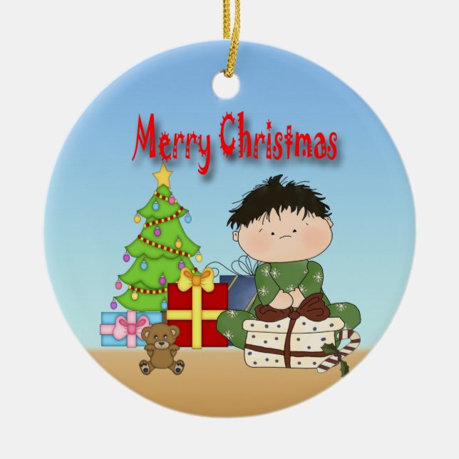 De Cerâmica Ornamento redondo do menino da criança do Natal (Frente)