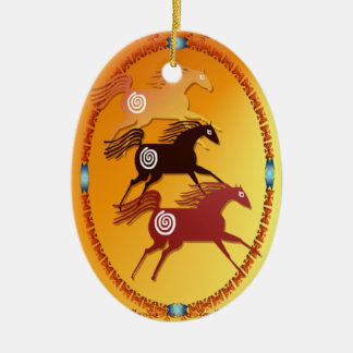 De Cerâmica Ornamento três Cavalo-oval antigo