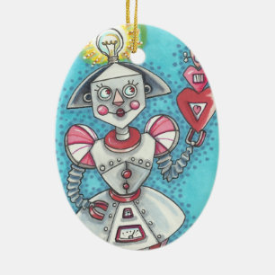 De Cerâmica Oval BRILHANTE do ORNAMENTO do ROBÔ da MENINA da