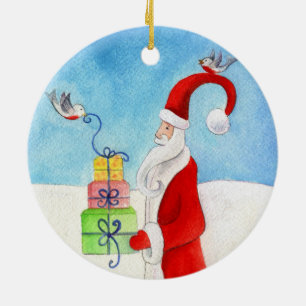 De Cerâmica Papai noel com presentes & ornamento dos pássaros