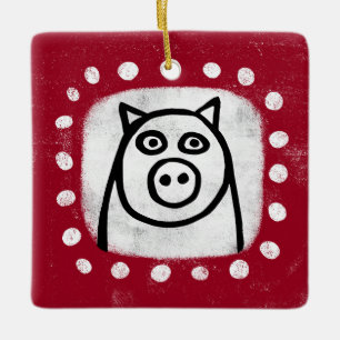 De Cerâmica Porco Engraçado No Ornamento Vermelho