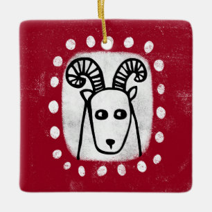 De Cerâmica Ram Ovino Engraçado No Ornamento Vermelho