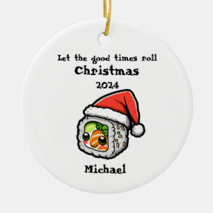 De Cerâmica Roll Sushi com um Boné Papai noel Ornamento Person