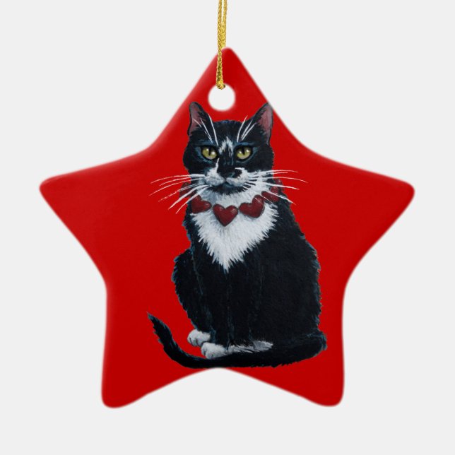 De Cerâmica Tuxedo gato com ornamento cardíaco (Frente)