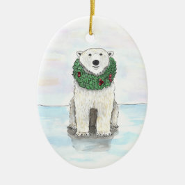 De Cerâmica Urso polar com o ornamento da grinalda do feriado