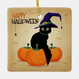De Cerâmica Vintage Halloween Cat e Pumpkins | Ornamento