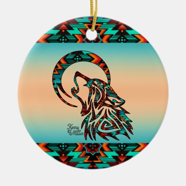 De Cerâmica Wolf Tribal Howling No Ornamento Cerâmico Da Lua (Frente)