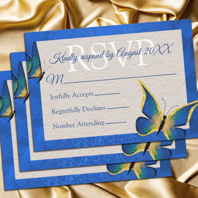 De Conselho Cartão RSVP Azul, Borboleta Dourada Quinceañera (royal blue gold quinceanera rsvp cards for elegant blue butterfly invitations)