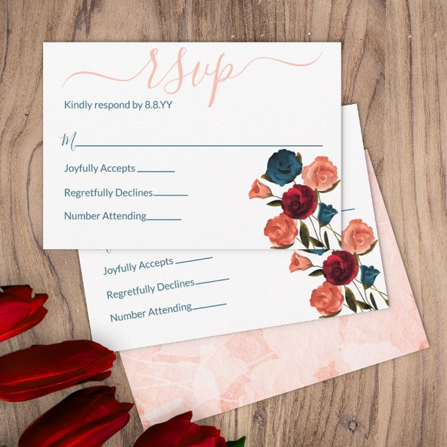 De Conselho Peach, Burgundy, Rosas Verdes Teais, RSVP — Cartão (summer sangria wine burgundy red peach wedding rsvp enclosure cards outdoor garden wedding botanical)
