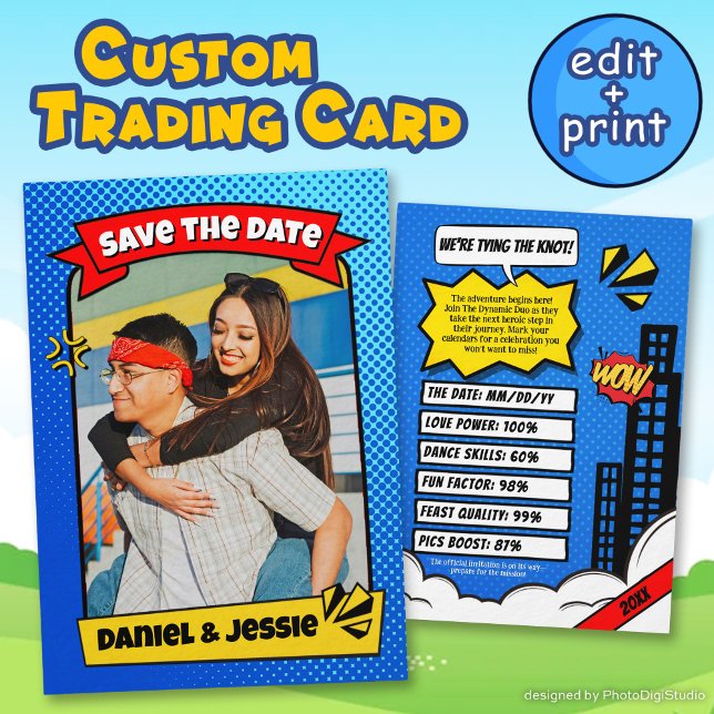De Contato Diversão Guarde a Data Cartão Comic Casal Trading  (Fun Save the Date Card Comic Couple Trading Card)