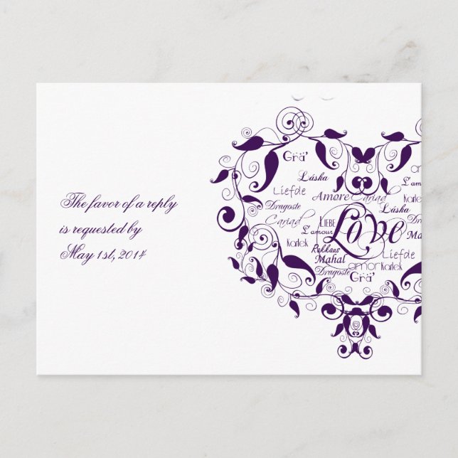 De Convite Amor em qualquer idioma no cartão postal RSVP Roxo (Frente)