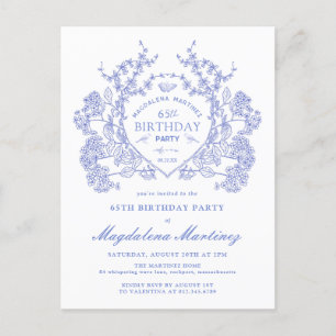 De Convite CARTÃO POSTAL 65.º Aniversário Blue Floral Crest C