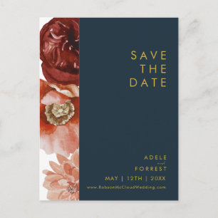 De Convite Cartão Postal Marsala Floral Outono Azul Marinho S