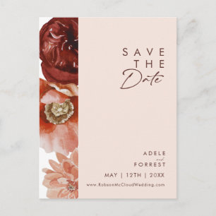De Convite Cartão postal Marsala Outono Floral Blush Save The