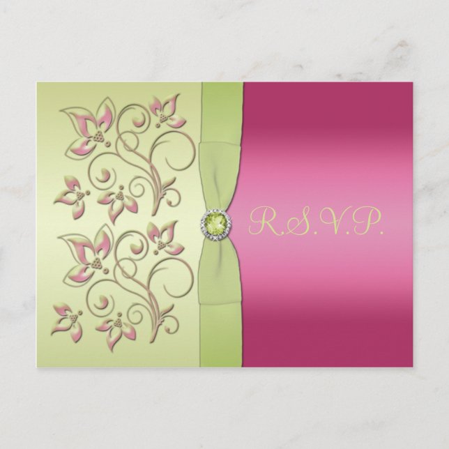 De Convite Cartão postal R.S.V.P. verde e rosa (Frente)