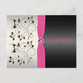 De Convite Cartão postal RSVP Floral Cor-de-rosa e Preto