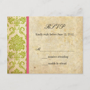 De Convite Cartão postal Vintage Damask RSVP em rosa e verde