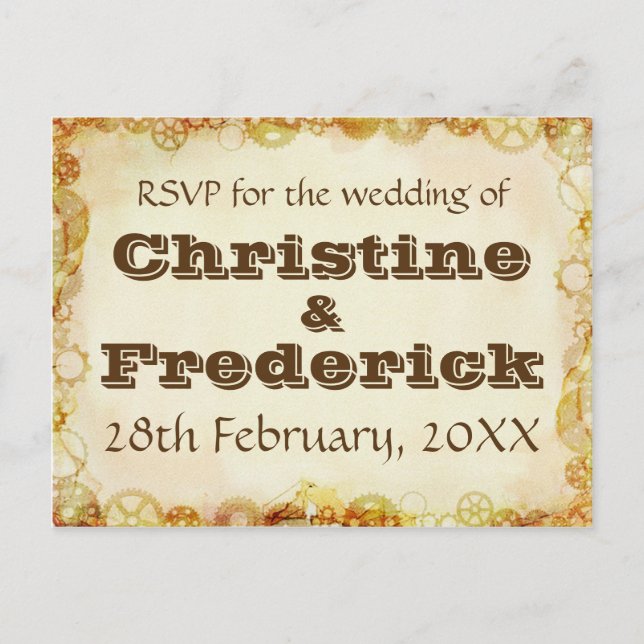 De Convite Casamento Steampunk, cartão postal RSVP (Frente)