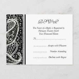 De Convite Paisley Pattern Bl. & Wh. Cartão postal RSVP