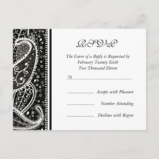 De Convite Paisley Pattern Bl. & Wh. Cartão postal RSVP (Frente)