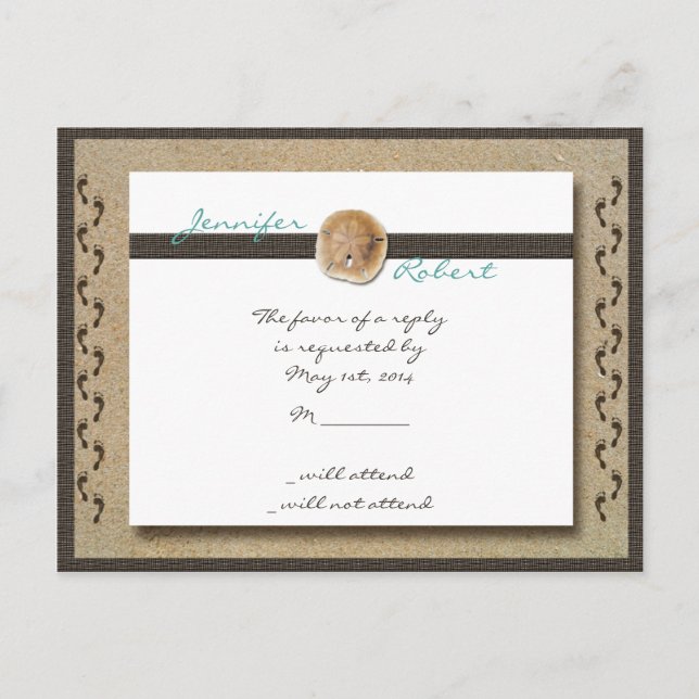 De Convite Pegadas no cartão postal Sand RSVP (Frente)