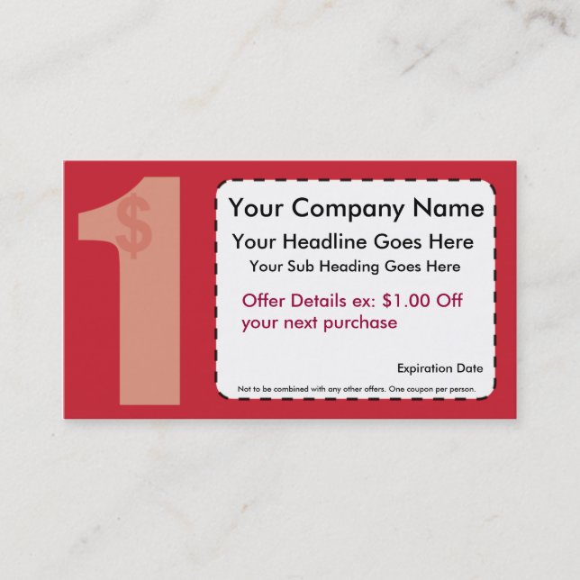 De Desconto Um dólar fora do cartão do vale (Frente)