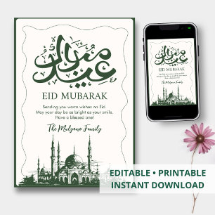 De Festividades Cartão Artístico do Eid Mubarak com Mesquita Verde