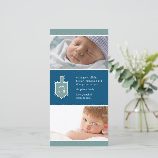 De Festividades Cartão com fotos do Monograma Hanukkah Dreidel (Em pé/Frente)