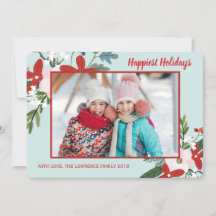 Cartão com fotos Natal Floral Red Aqua Holiday
