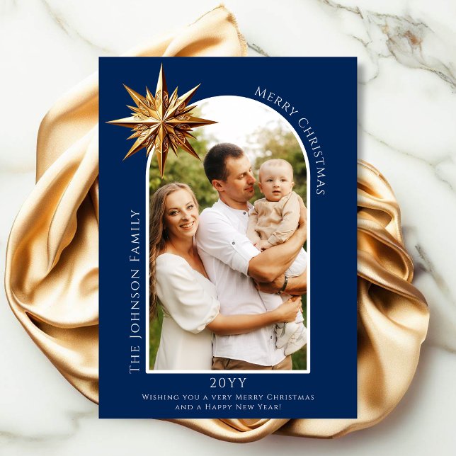 De Festividades Cartão com fotos North Star Dourado (A keepsake photo card in royal blue with a gold star.)