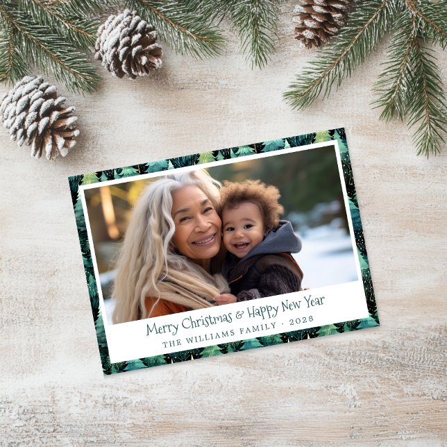 De Festividades Cartão com fotos Rustic Woodland Green Holiday (Rustic Green Christmas Photo Card)