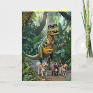 De Festividades Cartão do T-Rex Passeando o Cachorro
