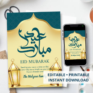 De Festividades Cartão Eid com Arco Islâmico e Lanternas Douradas 