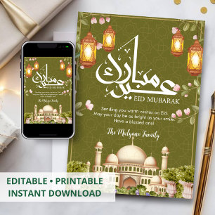 De Festividades Cartão Eid da Majestosa Mesquita Dourada e Lantern