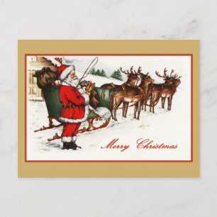 De Festividades Cartão Postal Antigo do Papai Noel e das Rena