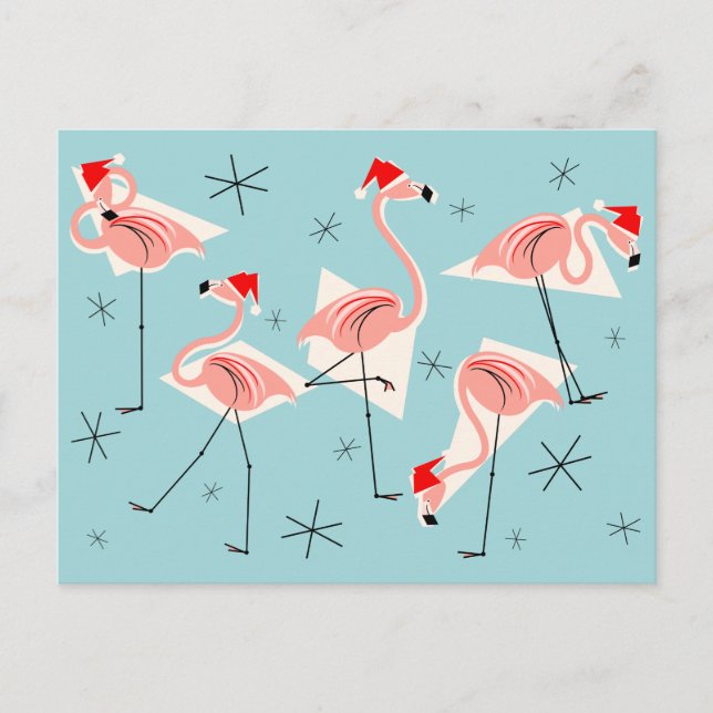 De Festividades Cartão postal azul Flamingo Santas (Frente)