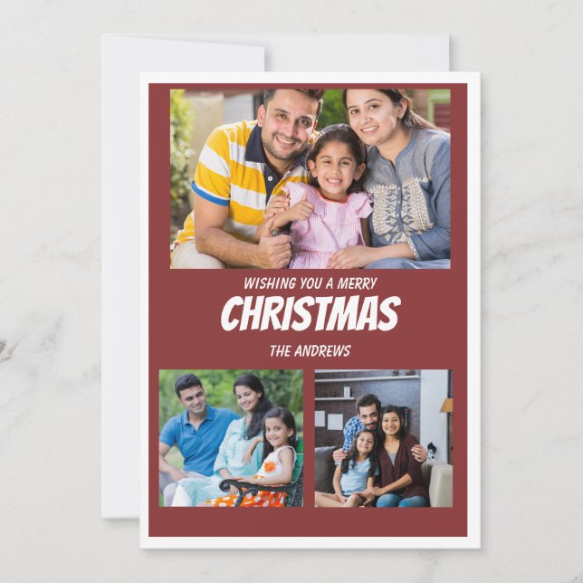 De Festividades Cartão Rustic Maroon Red Christmas Photo Collage (Frente)