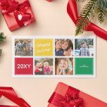 De Festividades Feliz Natal Divertido Cartão com fotos Collage 5 C<br><div class="desc">Transforme seus cartões de natal com este Cartões de foto de Natal moderno, chique, com quadrados coloridos vermelhos, verdes e amarelos divertidos e uma mensagem animada de "feriados felizes" em texto branco nítido. Este na moda, design horizontal, oferece espaço para uma colagem de cinco fotos, perfeito para compartilhar memórias familiares,...</div>